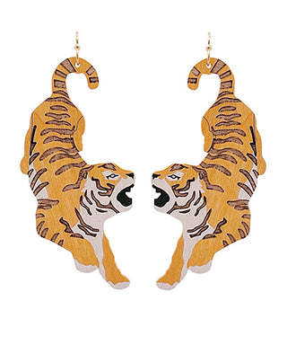 Wooden Tiger Dangle Earring