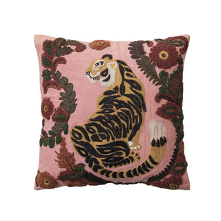 FINAL SALE Embroidered Floral Tiger Pillow