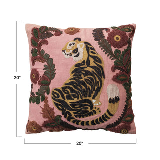 FINAL SALE Embroidered Floral Tiger Pillow