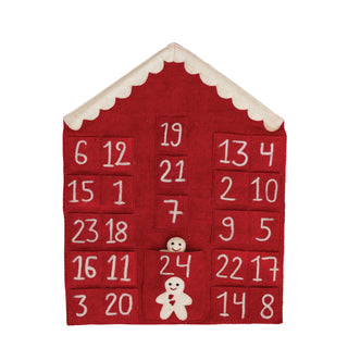 Handmade Wool Felt Advent Calendar Wall Hanging w/ Gingerbread Figure, Red & White