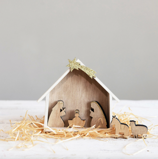 Mini Wooden Nativity Set With Golden Star